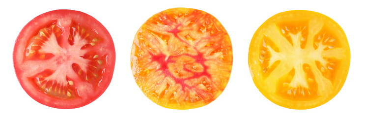 Sliced tomatoes of different colors isolated on white, set