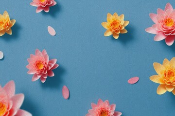 Lotus flowers, pink and yellow, scattered on a soft blue background