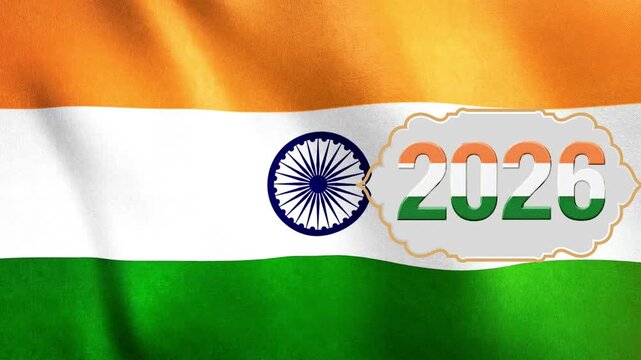 animation with 2026 filled with indian flag color over indian flag background waving on the wind; perfect as a backdrop for india patriotic / national holidays like independence day in 2026 year