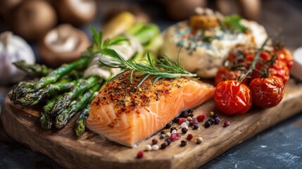 Exquisite salmon steak culinary presentation on a wooden board backdrop