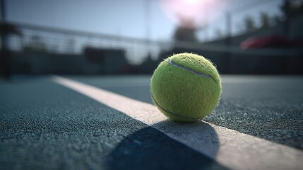 Isolated Tennis Ball on Court Line in Sport Venue with Blurred Background