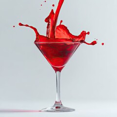 Red liquid splashes in a clear martini glass against a bright, neutral backdrop