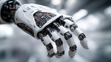 Close-up robotic hand displaying intricate mechanisms and advanced technology