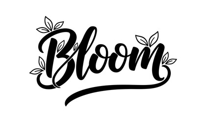 Elegant script typography for the word bloom with delicate leaf accents