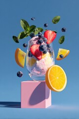 Fruity dessert levitates on pink cube, against blue background, bright shadows