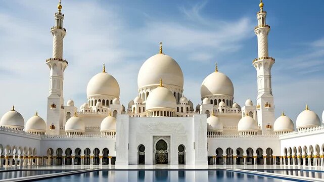 A magnificent mosque with grand domes against a clear blue sky.