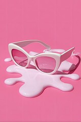 White sunglasses on a pink puddle against a pink background, bright studio shot