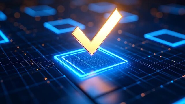 Digital validation concept with a glowing checkmark symbol on a circuit board.