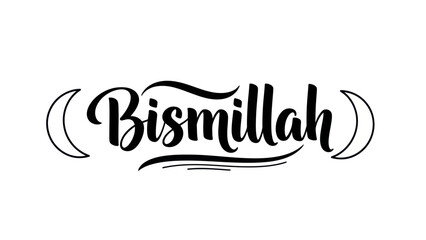 Modern spiritual typography featuring Bismillah phrase and decorative crescent motifs for Islamic © filterJU