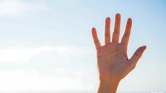 outstretched hand against bright blue sky backlit sunlight