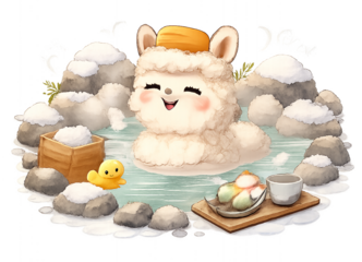 Cozy alpaca in hot spring bliss