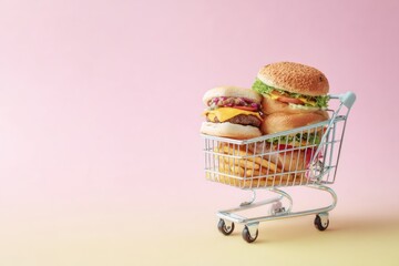 Miniature shopping cart overloaded with cheeseburgers and french fries
