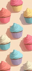 Pattern of colorful cupcakes with cream on top vertical banner background