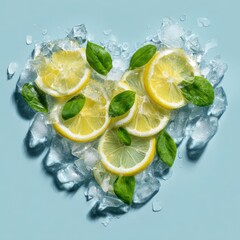 Heart-shaped lemon slices, basil, & ice crystals on blue background, cool, fresh