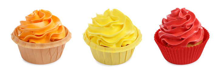 Tasty cupcakes with cream isolated on white