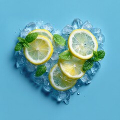 Ice heart with lemon slices and mint leaves on a vibrant blue backdrop