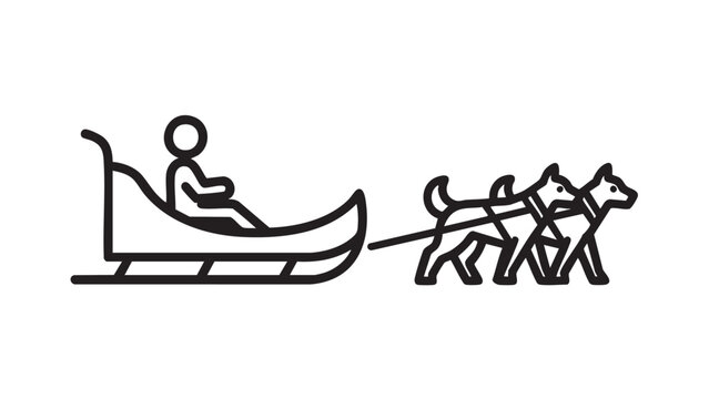 A person rides a dog sled pulled by three huskies in a winter landscape viewed from the side