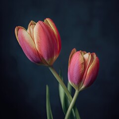 Two soft, luminous pink and yellow tulips against a dark, blurred backdrop