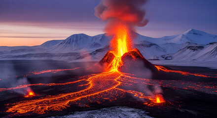 Volcano Eruption Lava Flow Snow Mountains Dusk