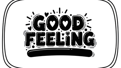 Uplifting Hand-Drawn Bubble Lettering Illustrating Good Feeling with Playful Hearts and Radiating
