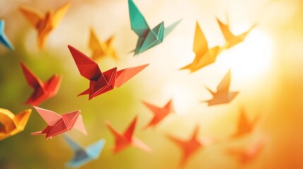 Vibrant origami cranes soaring against a warm, blurred background, symbolizing freedom, hope, and the delicate art of paper folding in a dynamic composition.