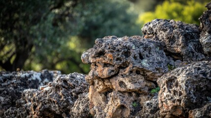 Rough volcanic rock surfaces with lichens and mosses showing organic growth and natural textures in an outdoor environment.