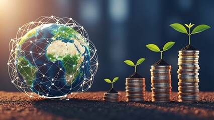 Global financial growth with plants growing from coin stacks