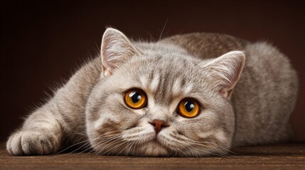 Adorable silver tabby cat with mesmerizing golden eyes resting on wooden surface, showcasing feline elegance and soft fur texture in dramatic low-light setting