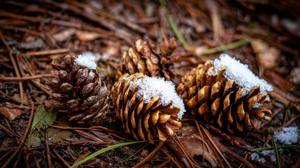 Cluster of Fallen Pinecones Lightly Dusted with Fresh Snow in a Forest Setting