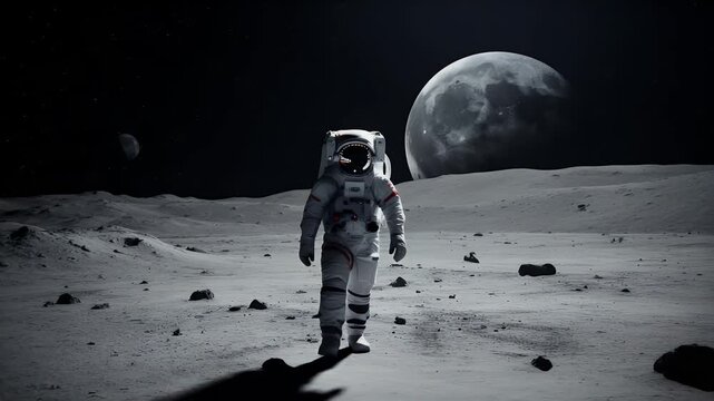 An astronaut walks on the lunar surface with a large moon looming in the background, evoking a sense of exploration and discovery