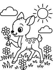 Fototapeta premium Lovely Fawn in a Sunny Meadow: A charming illustration depicts a sweet fawn with a playful demeanor in a vibrant sunny meadow, clutching a delicate flower, clouds, and radiant sunshine.