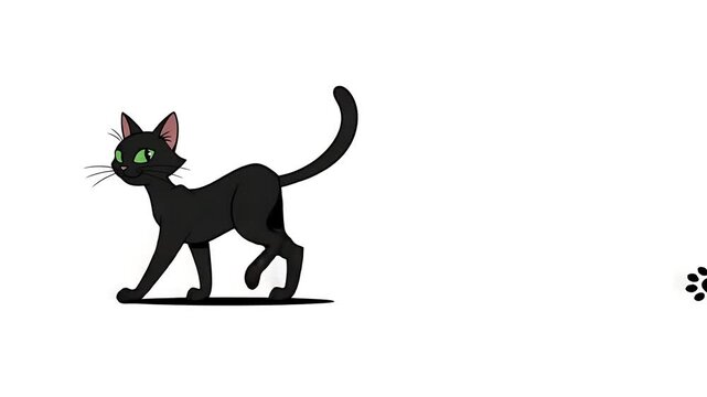 sleek black cat walking with paw prints on white background