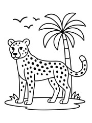 Fototapeta premium Cheetah Outline in Nature Scene: An outline of a cheetah stands confidently in a detailed nature scene, featuring a palm tree and birds in flight, embodying a serene and vibrant atmosphere.