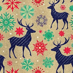 Dark blue reindeer silhouettes walk among vibrant red and green stylized snowflakes on a gold glitter background