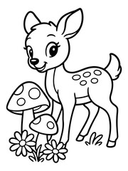 Playful Fawn and Whimsical Mushrooms: Adorable fawn stands amidst enchanting mushrooms and delicate blossoms, capturing the essence of a serene woodland scene.