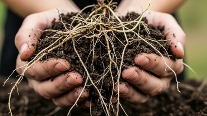 Hands holding soil with roots, symbolizing growth and nature
