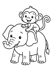Fototapeta premium Jungle Friends' Adventure: An endearing illustration depicts a cheerful monkey riding atop a friendly elephant, evoking the essence of friendship and exploration.