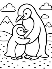 Obraz premium Embrace of a Penguin: A tender moment unfolds as a parent penguin warmly embraces its chick, embodying the essence of unconditional love and protection in a serene landscape.