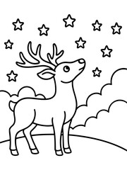 Obraz premium Winter Deer Gazing at the Stars: A charming outline image of a deer, observing stars under a cloudy night sky. A perfect scene for coloring pages.