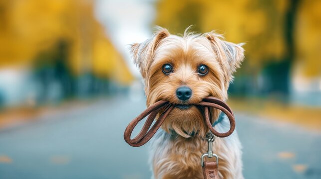 Yorkshire terrier dog looking at camera, holding its leash in mouth, suggesting a desire for an outdoor walk. Autumn background. Dog on a walk - Powered by Adobe
