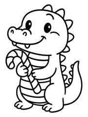 Obraz premium Dino with Candy Cane: An adorable dinosaur joyfully clutches a striped candy cane, his cartoon features and cheerful expression instantly capturing hearts.