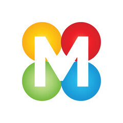 this is a letter logo design of initial M on a four circle round shape in different colors that looks good on a white background