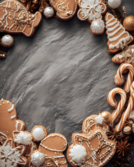 Festive Christmas gingerbread cookies frame on dark gray background holiday baking concept