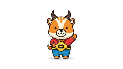 Fototapeta premium Cute goat character waving in red outfit for Chinese New Year 