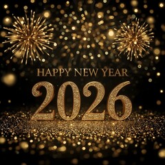 Luxury Happy New Year 2026 with Golden Fireworks Celebration Background.