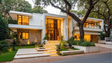Modern luxury home exterior with large windows and mature trees