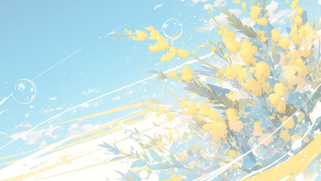 Yellow mimosa flowers on light blue background