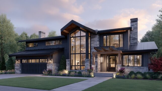 Modern luxury home exterior with stone and glass facade at sunset