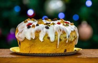 Festive Panettone with Candied Fruits and Icing for Christmas