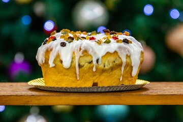 Festive Panettone with Candied Fruits and Icing for Christmas